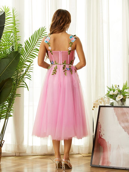 A-line elegant princess sheer handmade flower thin shoulder strap sleeveless long skirt