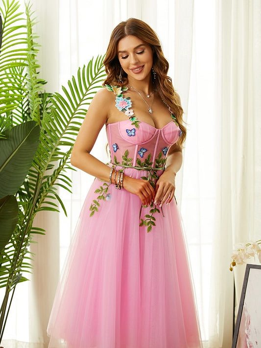A-line elegant princess sheer handmade flower thin shoulder strap sleeveless long skirt
