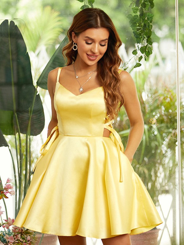A-line elegant satin ruffled V-neck sleeveless short mini dress