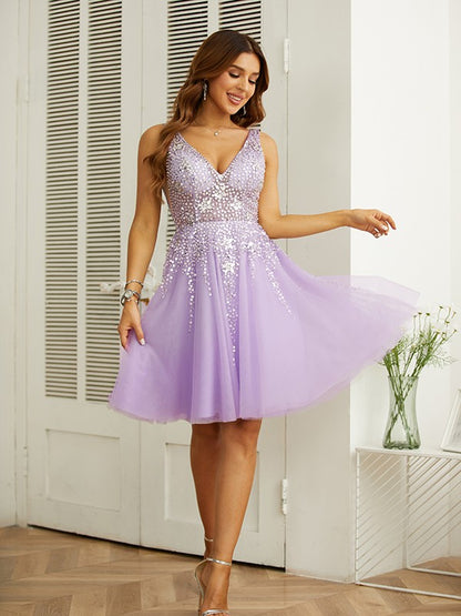 A-line Princess Elegant Tulle Beaded V-neck Sleeveless Knee Length Dress