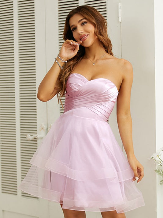 A-line sweet princess sheer pleated sweetheart sleeveless short mini skirt