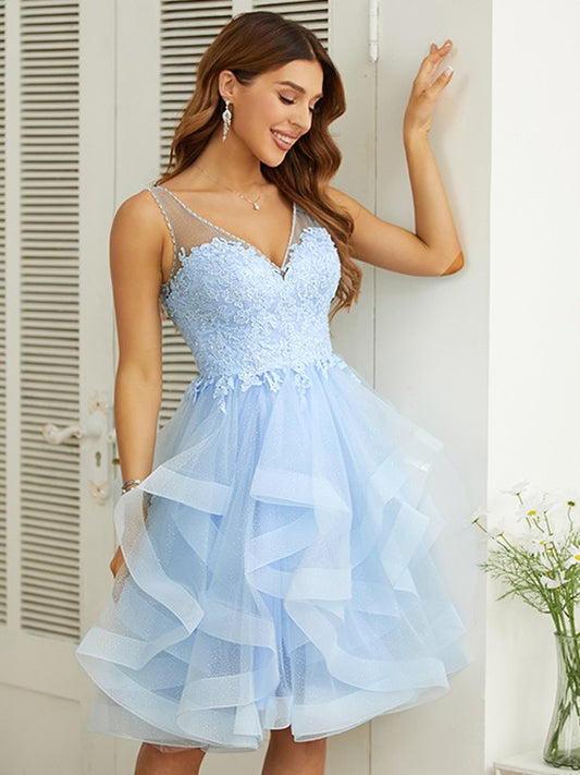A-line Elegant Princess Applique V-neck Sleeveless Knee Length Dress