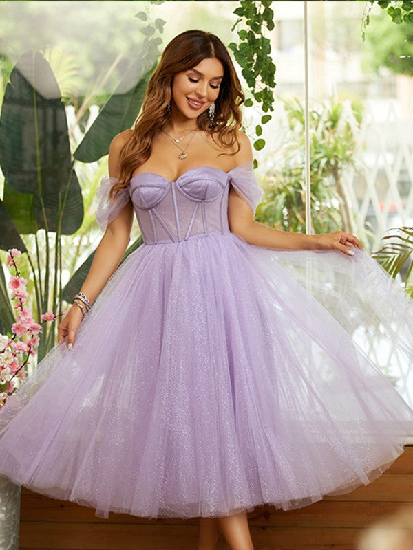 A-line Elegant Princess Style Tulle Ruffle Edge Off the Shoulder Sleeveless Long Dress