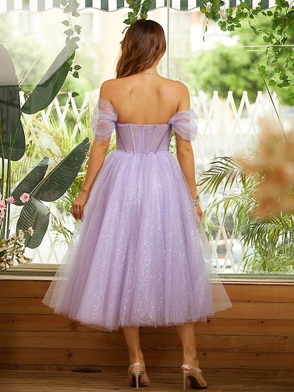 A-line Elegant Princess Style Tulle Ruffle Edge Off the Shoulder Sleeveless Long Dress