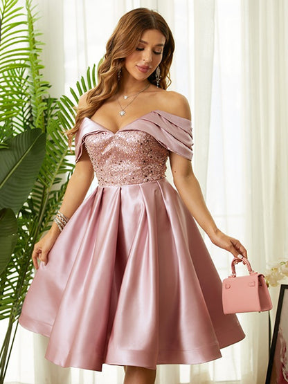 A-line Elegant Princess Satin Beaded Off Shoulder Sleeveless Knee Length Dress