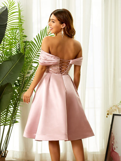 A-line Elegant Princess Satin Beaded Off Shoulder Sleeveless Knee Length Dress