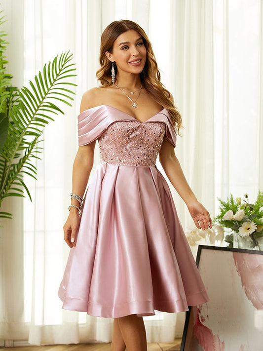 A-line Elegant Princess Satin Beaded Off Shoulder Sleeveless Knee Length Dress