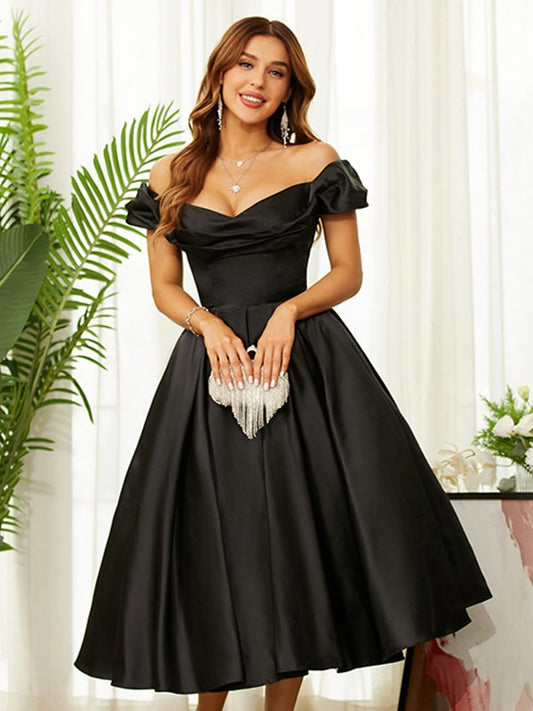 A-line elegant princess satin pleated off shoulder sleeveless long dress