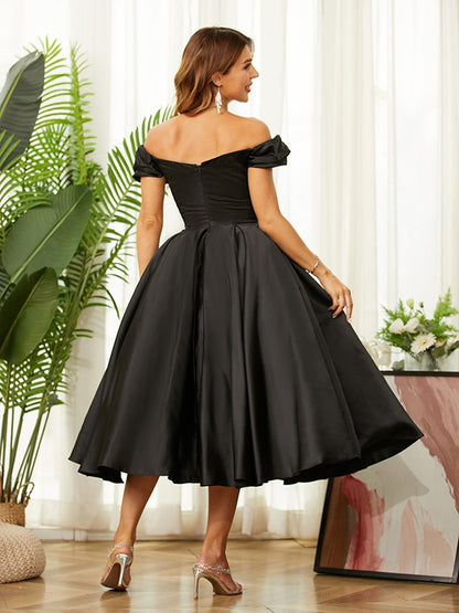 A-line elegant princess satin pleated off shoulder sleeveless long dress