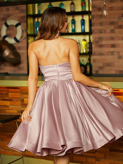 A-line elegant princess pleated ruffled edge sweetheart sleeveless knee length dress