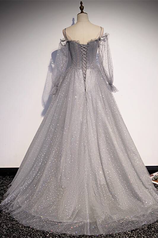 Long Sleeves Shiny Grey Starry Formal Dress