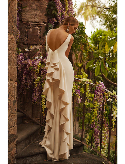 Backless minimalist wedding dress with tight columns, low round neckline, velvet tail, elastic fabric, bridal dress, pendant, summer wedding party