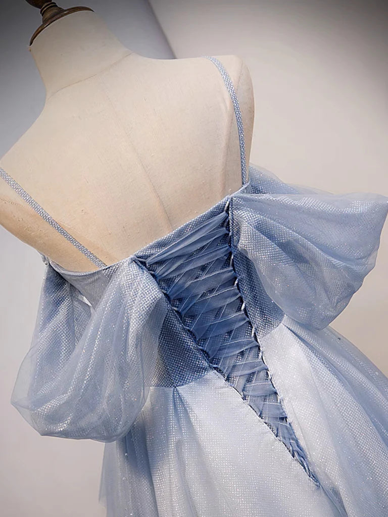 A-Line Off Shoulder Tulle Gray Blue Long Prom Dress Gray Blue Long Formal Dress