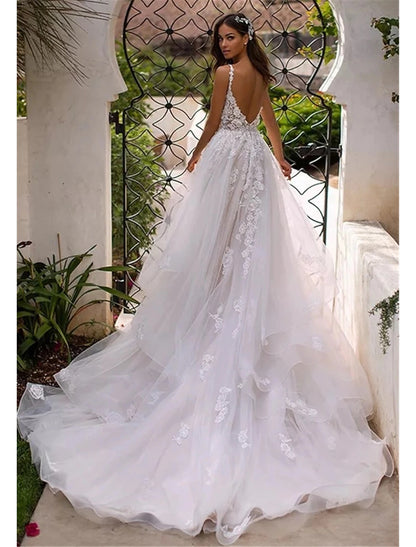 Beach backless sexy wedding dress A-shaped sweet shoulder strap lace bride dress with stickers
