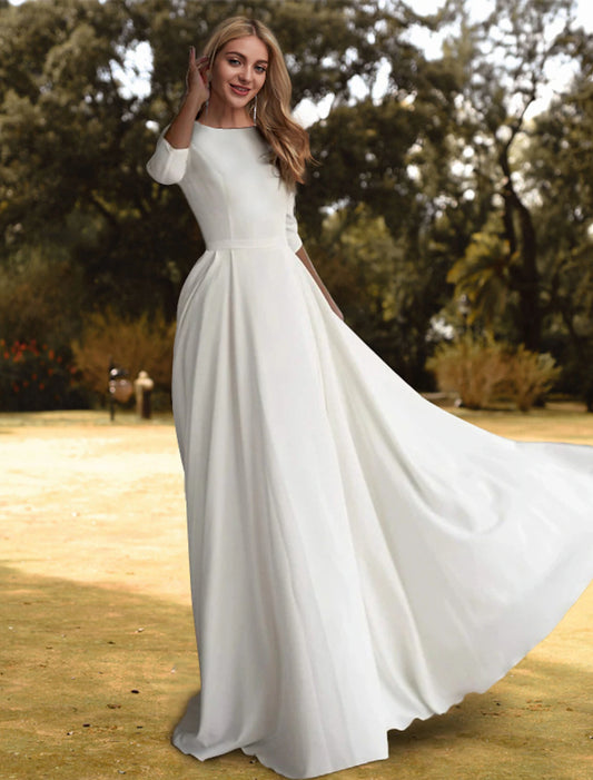 Casual wedding dress A-line low round neck 3/4 long sleeved broomstick tail elastic fabric bride dress with pleats