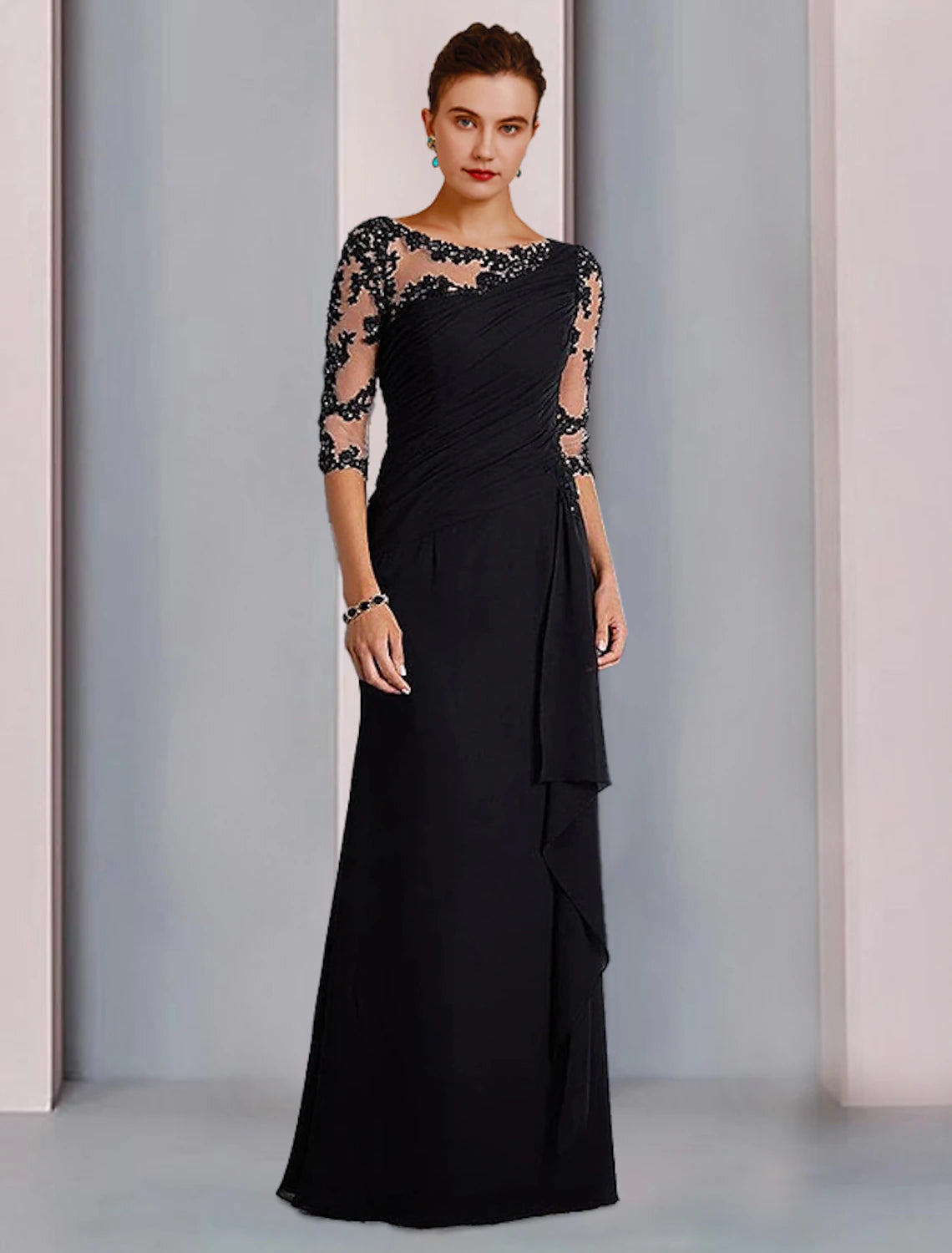 Sheath Column Bride Mother Dress Formal Wedding Guest Jewelry Neck to Floor Length Chiffon Lace 3/4 Long Sleeves with Beaded Applique