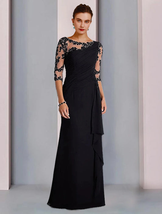 Sheath Column Bride Mother Dress Formal Wedding Guest Jewelry Neck to Floor Length Chiffon Lace 3/4 Long Sleeves with Beaded Applique