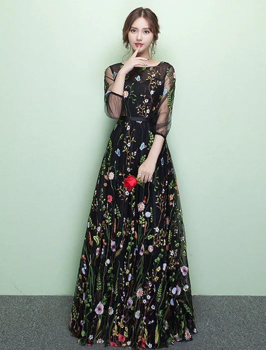 A-line Evening Dress Elegant Wedding Guests Formal Dinner Floor length 3/4 Long Sleeves Jewel Neckline Lace Embroidery