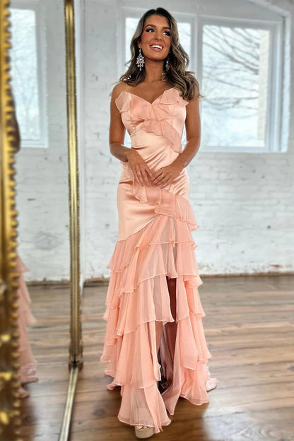 Elegant Blush Pink Prom Dresses with Spaghetti Strap Ruffled Mermaid Skirt