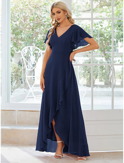 A-shaped wedding guest low luxury dress casual wedding party asymmetrical short sleeved V-neck bridesmaid dress ruffled chiffon solid color