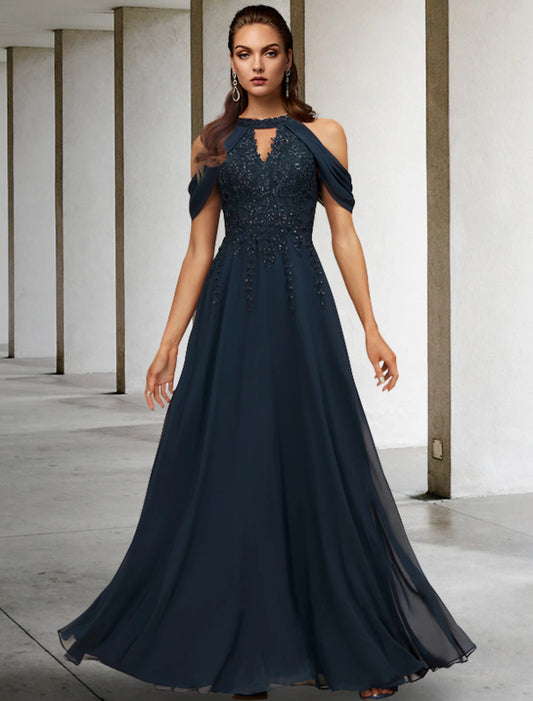 A-shaped Bride Mom Dress Wedding Guests Large Hanging Neck and Floor Length Lace sheer sequin without cuffs sequin