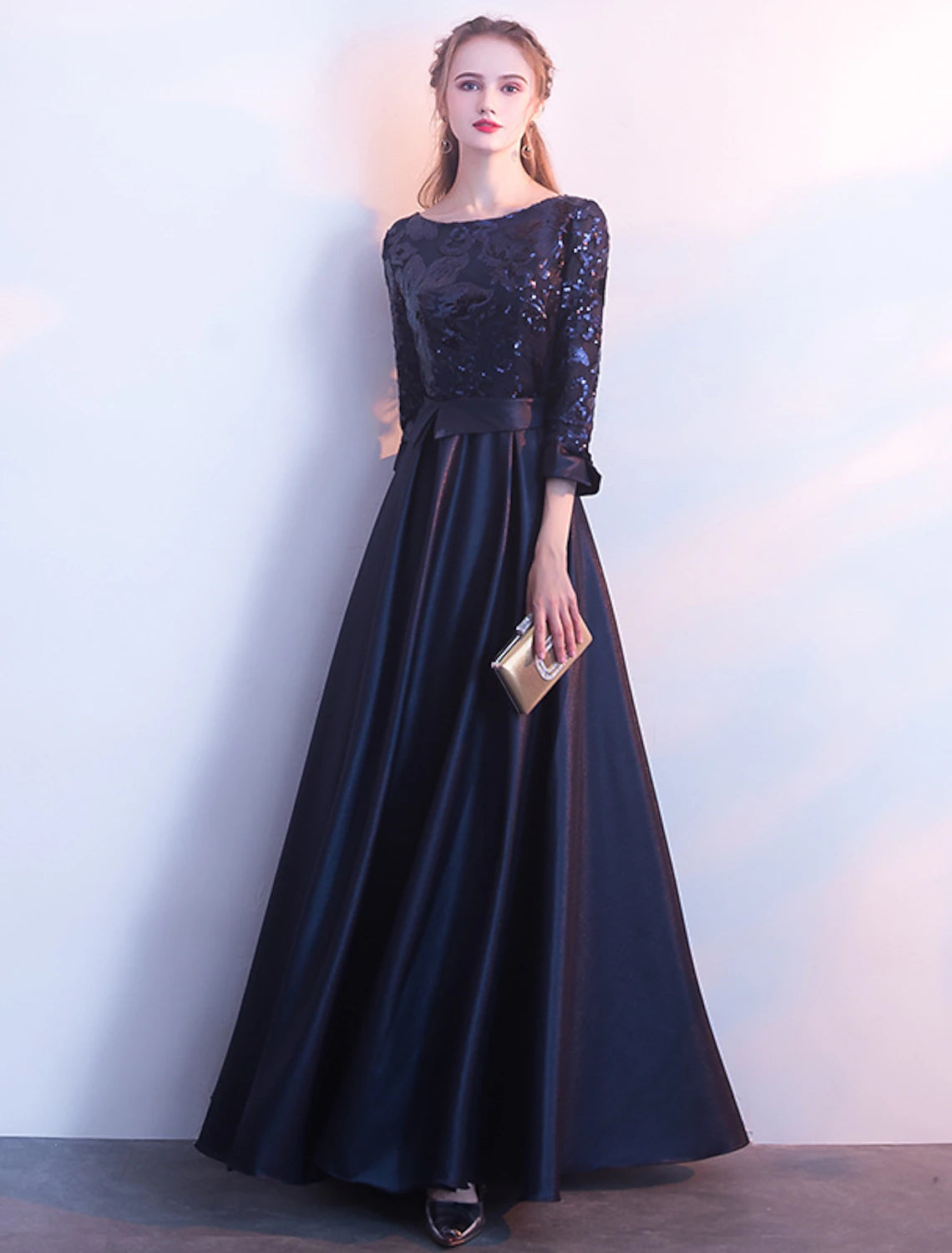 A-shaped Elegant Bridesmaid Dress with Jewel Neck Long Sleeves Beautiful Back Floor to Floor Length Satin sheer sequin ribbons pleats