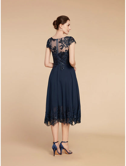 A-line Bride Mom Dress Wedding Guests Retro Low Round Neck Tea Long Lace 3/4 Long Sleeves with Sequin Stickers