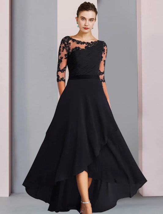 A-line Bride Mom's dignified and atmospheric dress Wedding guests High and low spoon necklines Asymmetric tea length Chiffon lace half sleeve stickers