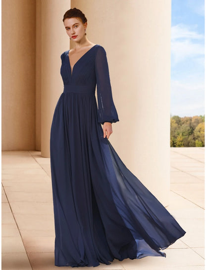 A-shaped Bride Mom Dress Wedding Guests Generous and Elegant V-neck Floor Chiffon Long Sleeves Pleated Solid Color