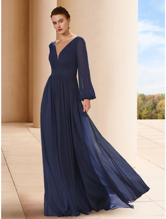 A-shaped Bride Mom Dress Wedding Guests Generous and Elegant V-neck Floor Chiffon Long Sleeves Pleated Solid Color