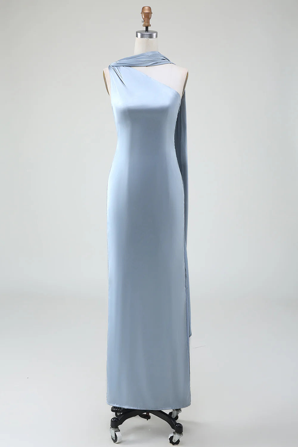 One-Shoulder Long Satin Dusty Blue Bridesmaid Dress