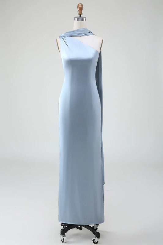 One-Shoulder Long Satin Dusty Blue Bridesmaid Dress