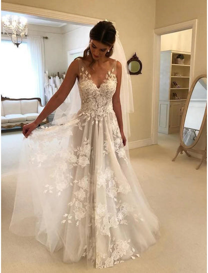 Beach Bohemian style wedding dress A-line V-neck sleeveless lace bride dress with stickers