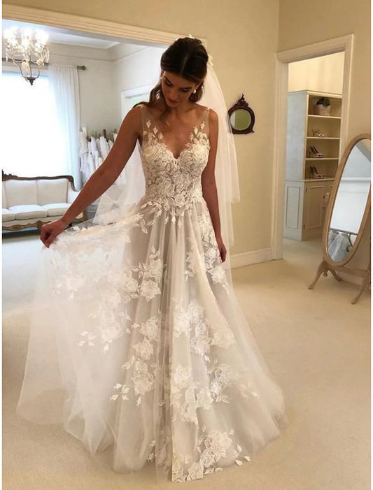 Beach Bohemian style wedding dress A-line V-neck sleeveless lace bride dress with stickers