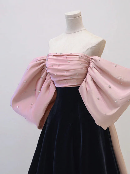 Black/pink velvet long Evening dress black long formal dress