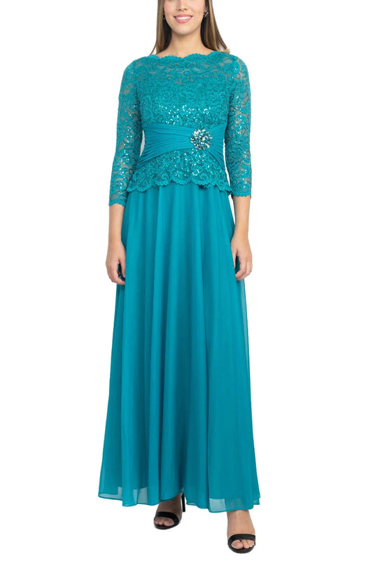 Neck 3/4 Sleeve Sequin Lace Bodice Pleated Broach A-Line Chiffon Mother of the Bride Dresses