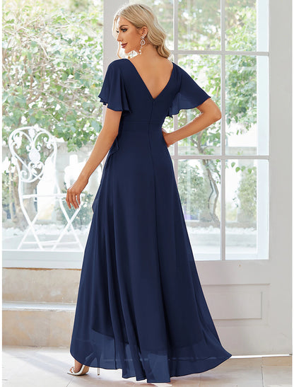 A-shaped wedding guest low luxury dress casual wedding party asymmetrical short sleeved V-neck bridesmaid dress ruffled chiffon solid color