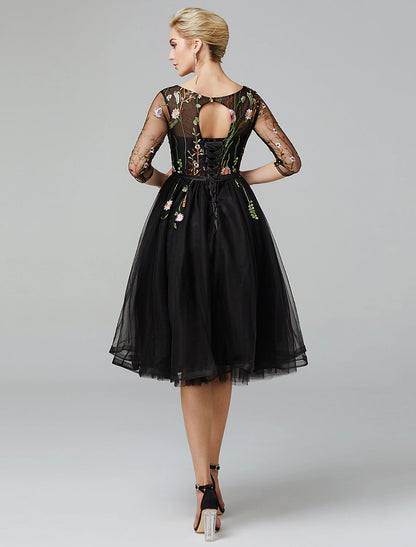 A-line black dress retro wedding guests chicken knee long sleeved phantom collar Wednesday Adams family sheer embroidered stickers