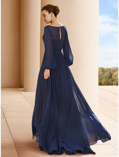 A-shaped Bride Mom Dress Wedding Guests Generous and Elegant V-neck Floor Chiffon Long Sleeves Pleated Solid Color