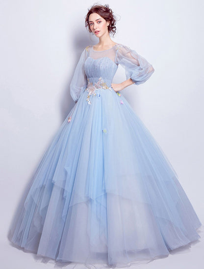 Ball Dress Elegant Adult Wedding Engagement Floor length 3/4 Long Sleeve Phantom Neckline Thin Gauze with Folded Applique