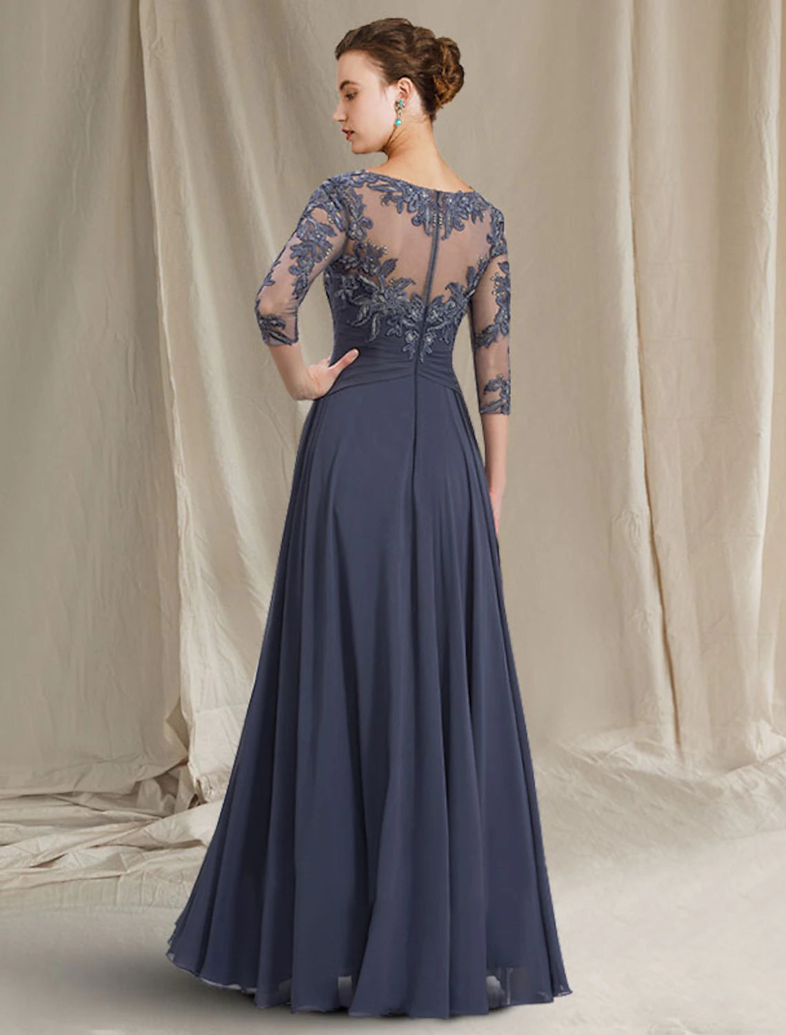 Bride Mom Dress Jewel Neck to Floor Length Chiffon Lace 3/4 Long Sleeves with Folded Applique