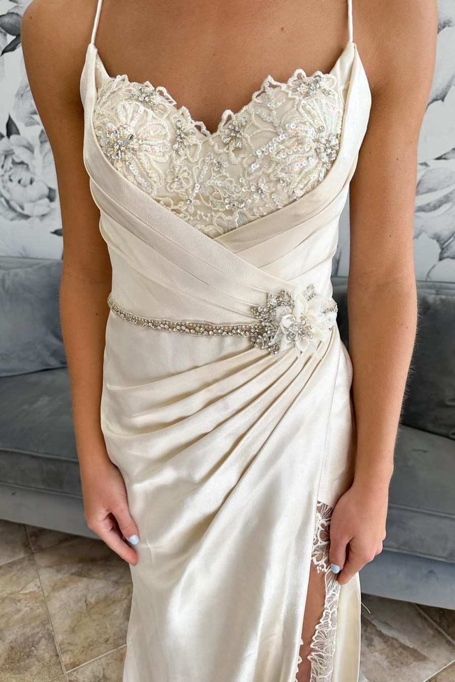 Satin Lace Belted Ruching Long Bridal Gown with Slit