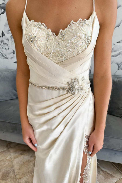 Satin Lace Belted Ruching Long Bridal Gown with Slit