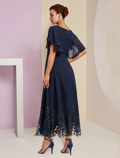A-shaped Bride Mom Dress Formal Wedding Elegant and dignified V-neck Tea Long Chiffon Lace Short Sleeves with Applique Crystal Breast Pin