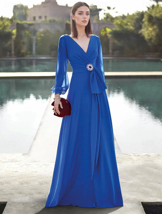 A-shaped Guest Dress Elegant Formal Wedding Dress Guest Long sleeved V-neck Chiffon Crystal Lace