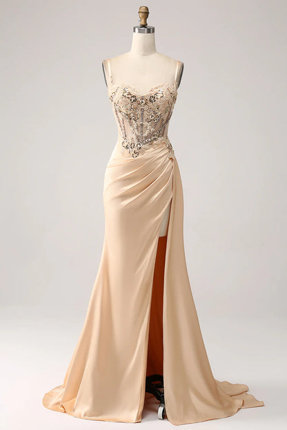 Elegant champagne mermaid pleated satin dance party dress