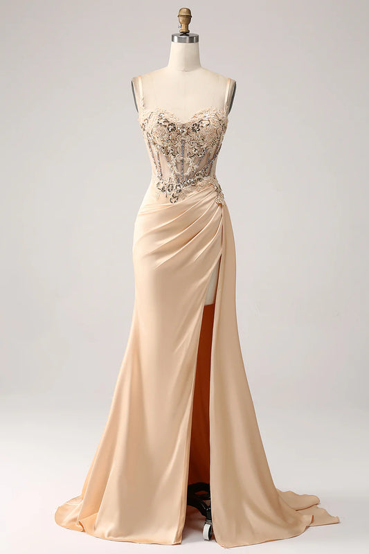 Elegant champagne mermaid pleated satin dance party dress