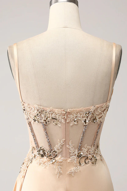 Elegant champagne mermaid pleated satin dance party dress