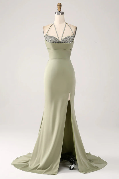 Premium color slim fit pistachio V-neck beaded long slit ball dress