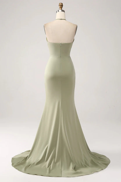 Premium color slim fit pistachio V-neck beaded long slit ball dress